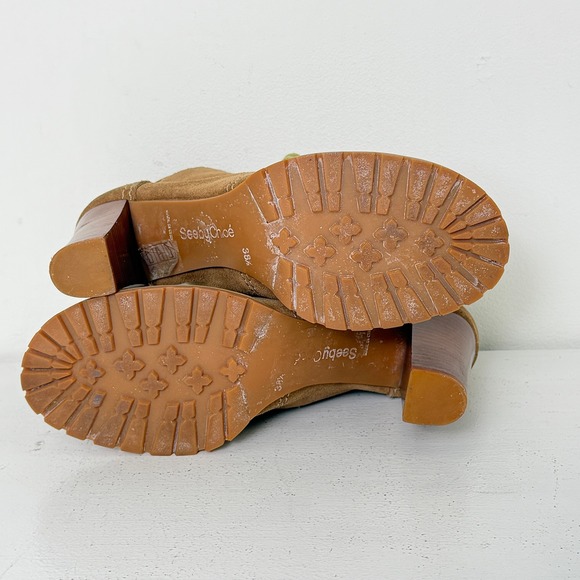 See by Chloe Brown Suede Lace Up Ankle Boots Block Heel Tassel Women Size 38 - Picture 7 of 7